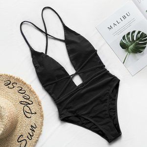 Black V-Neck One piece Swim Suit